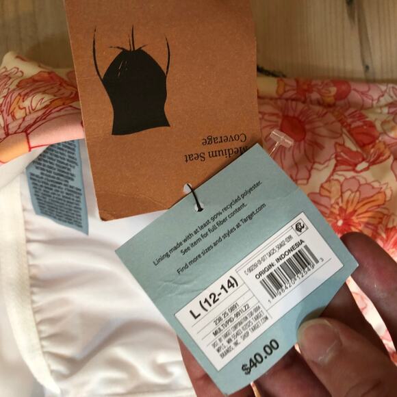 Shade & Shore NWT Women's Peach Floral Shirred Bandeau Swimsuit L (12/14) - Picture 6 of 11